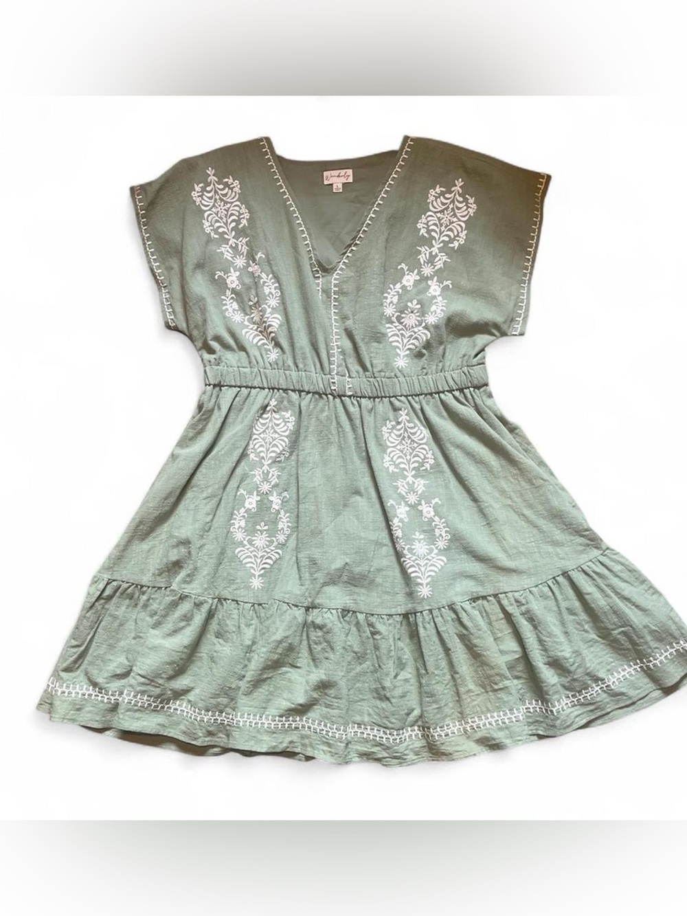 Wonderly Sage Green Embroidered V-Neck Dress